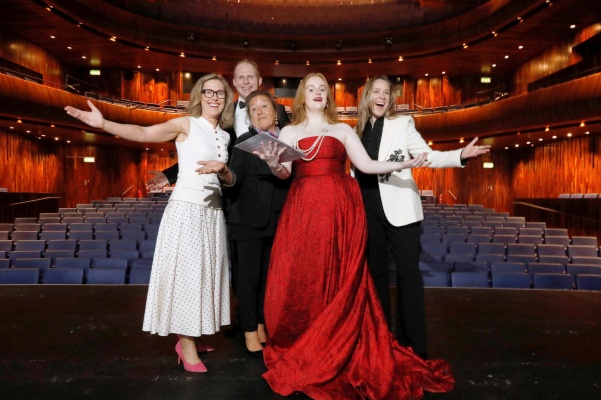 Left to right, Danielle Cunniffe, Partner at PwC, Rosetta Cucchi, Artistic Director, Wexford Festival Opera, and Suzanne Nance, Executive Director of Wexford Festival Opera with Wexford Factory artists, Timothy Mays and Eva Maria Kavanagh. PHOTO: Mark Stedman