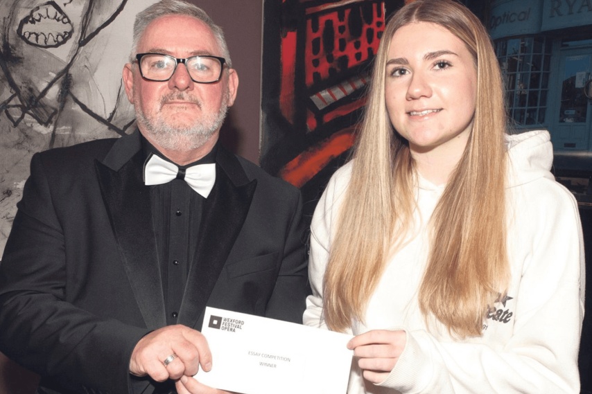 Rose Lacey Byrne, winner of the Wexford Festival Opera School Essay Writing competition in 2025, pictured with Wexford Festival Opera Chairman Paul Cleary. Pic: Jim Campbell courtesy of the Wexford People